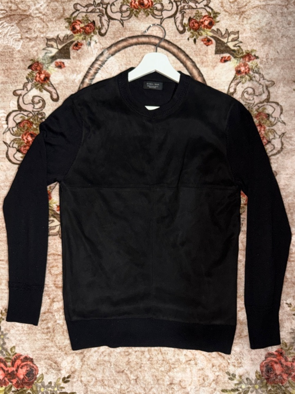 Zara Black Men’s Crewneck Suede Leather Sweater